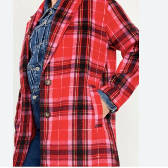 NWT Old Navy Soft Brushed Overcoat Red Tartan Plaid - Picture 3 of 10